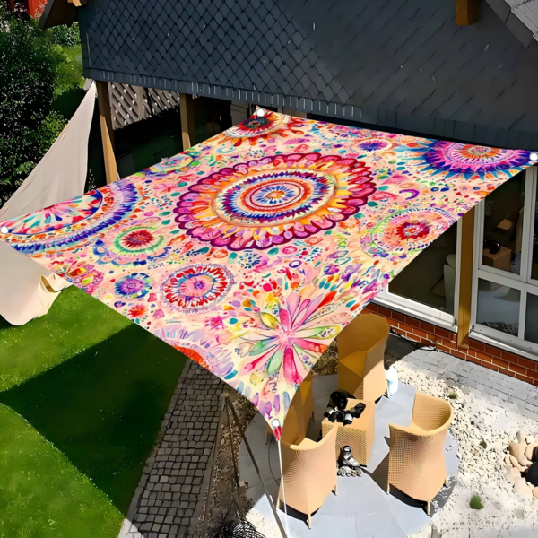 1pc Multi-Color Sunshade Canvas In Bohemian Style, Featuring Bohemian Mandala Design. Suitable For Gardens, Beaches, Swimming Pools, Patios. Suitable For All Seasons. Comes With Four Holes (Ropes And Brackets Not Included)