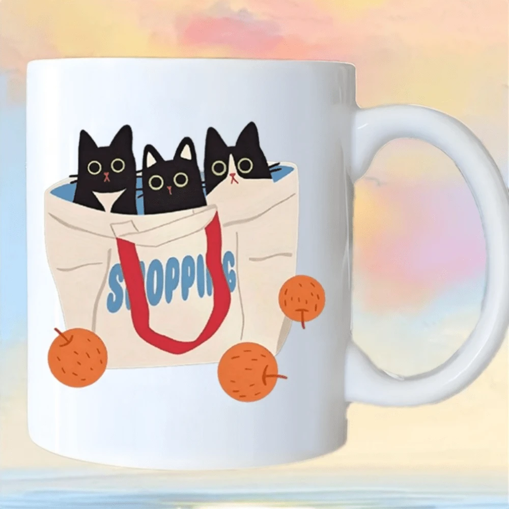 Ceramic Mug With A Cute Black Cat Print In A Shopping Bag. Minimalist And Stylish Mug For The Office Or As A Unique And Affordable Birthday Gift. - 白色 - 查看 1
