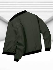 Chaqueta de béisbol casual para deportes al aire libre con cuello alto y unicolor con cremallera - Verde Oscuro - Ver 3