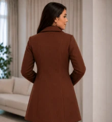 Women's Elegant Thigh-Length Brown Overcoat With Waterfall Neckline And Double Button Front, Perfect For Fall & Winter Warmth - Rust Brown - View 4