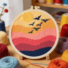 1套2D成人初學者戳戳繡刺繡套裝，20*20cm/7.8*7.8in，日落風景主題，含預印圖案、毛線、刺繡框及戳戳繡工具，完整DIY手工戳戳繡，DIY禮品套裝，適合送給家人、朋友、同學生日，客廳臥室家居裝飾 - A - 查看 5