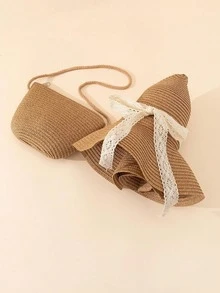2件/1件 女款遮陽帽沙灘帽 夏季草帽蝴蝶結帽包套組 草編斜背包 旅行度假沙灘必備配件 - 卡其色 - 查看 3