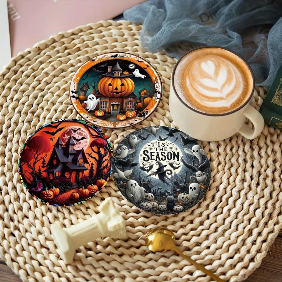 Bộ 8 miếng lót ly gỗ chủ đề Halloween 3.94*3.94 inch chống trượt chịu nhiệt, thiết kế bí ngô ma vui nhộn, trang trí bàn cà phê và văn phòng, quà tặng gia đình sáng tạo phong cách phương Tây, phụ kiện thiết yếu cho tiệc và lễ hội - A - Xem 1