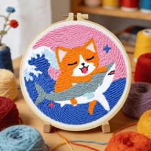 1套2D成人初學者戳戳繡刺繡套裝，20*20cm/7.8*7.8in，海洋中的小貓和小狗主題，包含預印圖案、毛線、刺繡框和戳戳繡工具，完整DIY手工戳戳繡，DIY禮品套裝，適合送給家人、朋友、同學生日，客廳臥室家居裝飾 - A - 查看 7
