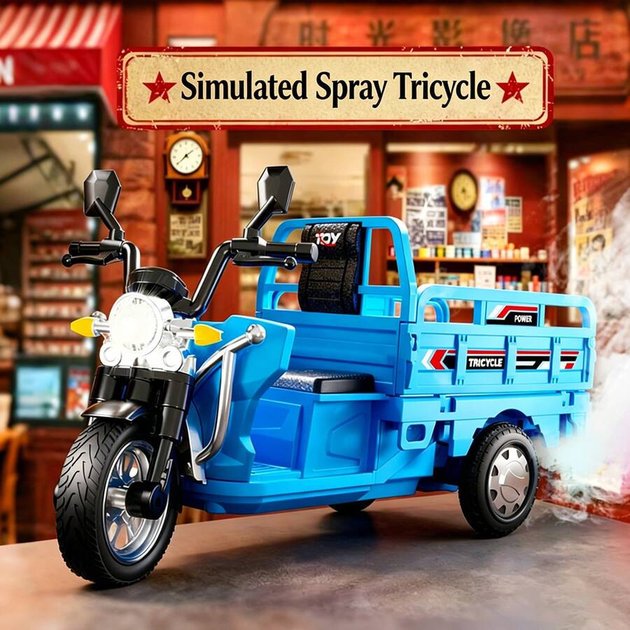1pc Realistic Spray Sound & Light Tricycle, ABS Material, 3-Sided Panels Can Be Flattened, Steering Wheels, Inertia Glide, Shock Absorption, Multiple Colors Available, Suitable For Children Role Play/Birthday Gift - Multicolor - View 1