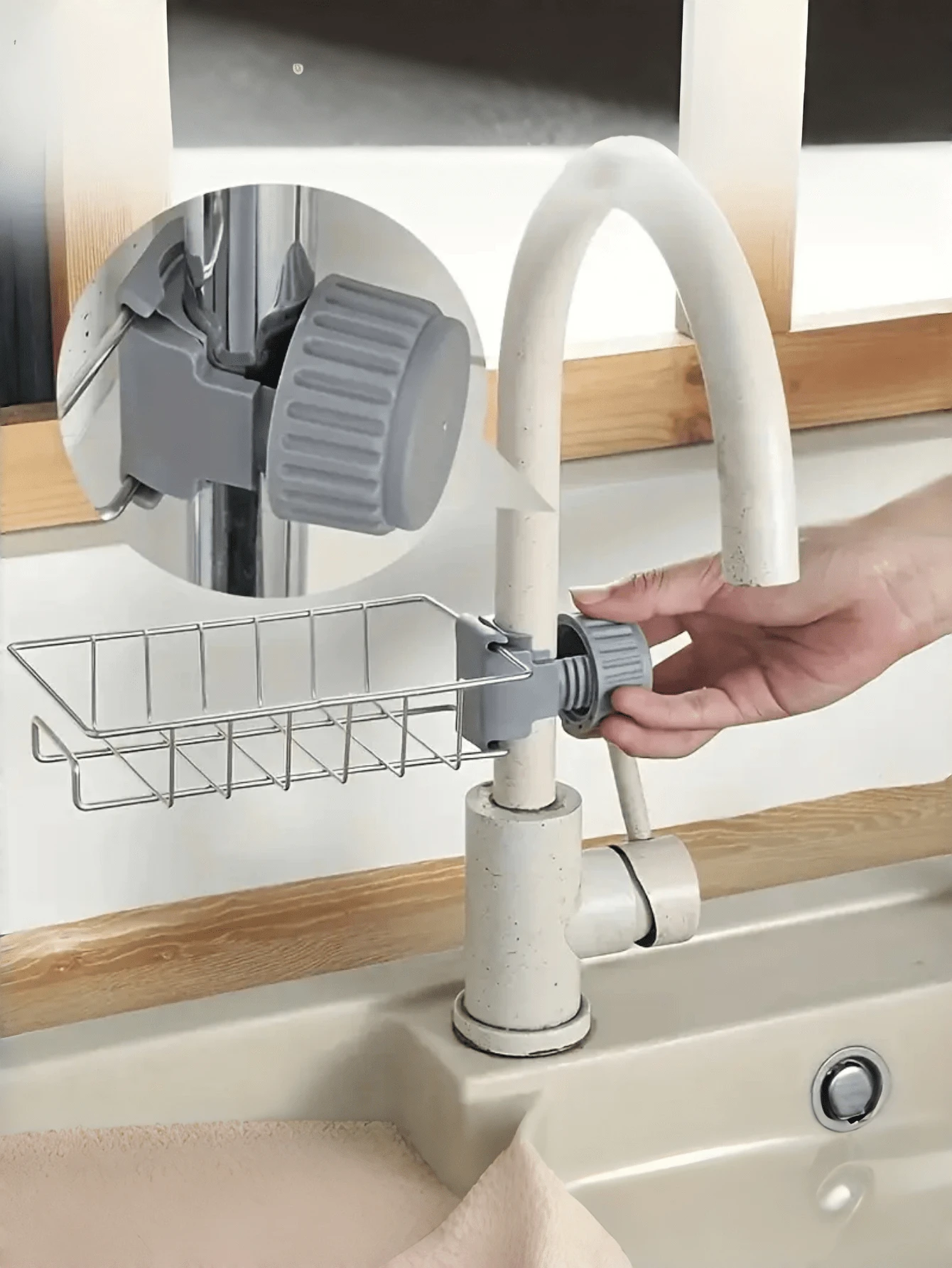 1pc Faucet Storage Rack, Knob Fixed, Easy Disassembly & Installation - Hollow Drainage Design - Kitchen Sponge Holder, Bathroom Accessory Drainable Organizer