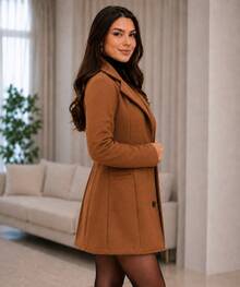 Elegant Women's Thigh-Length Warm Lined Canvas Overcoat With Waterfall Neckline And Regular Wrist-Length Sleeves, Perfect For Fall And Winter Style - Camel - View 2