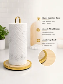 1pc Home Countertop Gold Iron Art Paper Towel Holder, Suitable For Kitchen Desktop, Stable Vertical Roll Holder, Metal Bamboo Wood Base, Fits Standard Kitchen Paper Towel Rolls - Multicolor - View 3