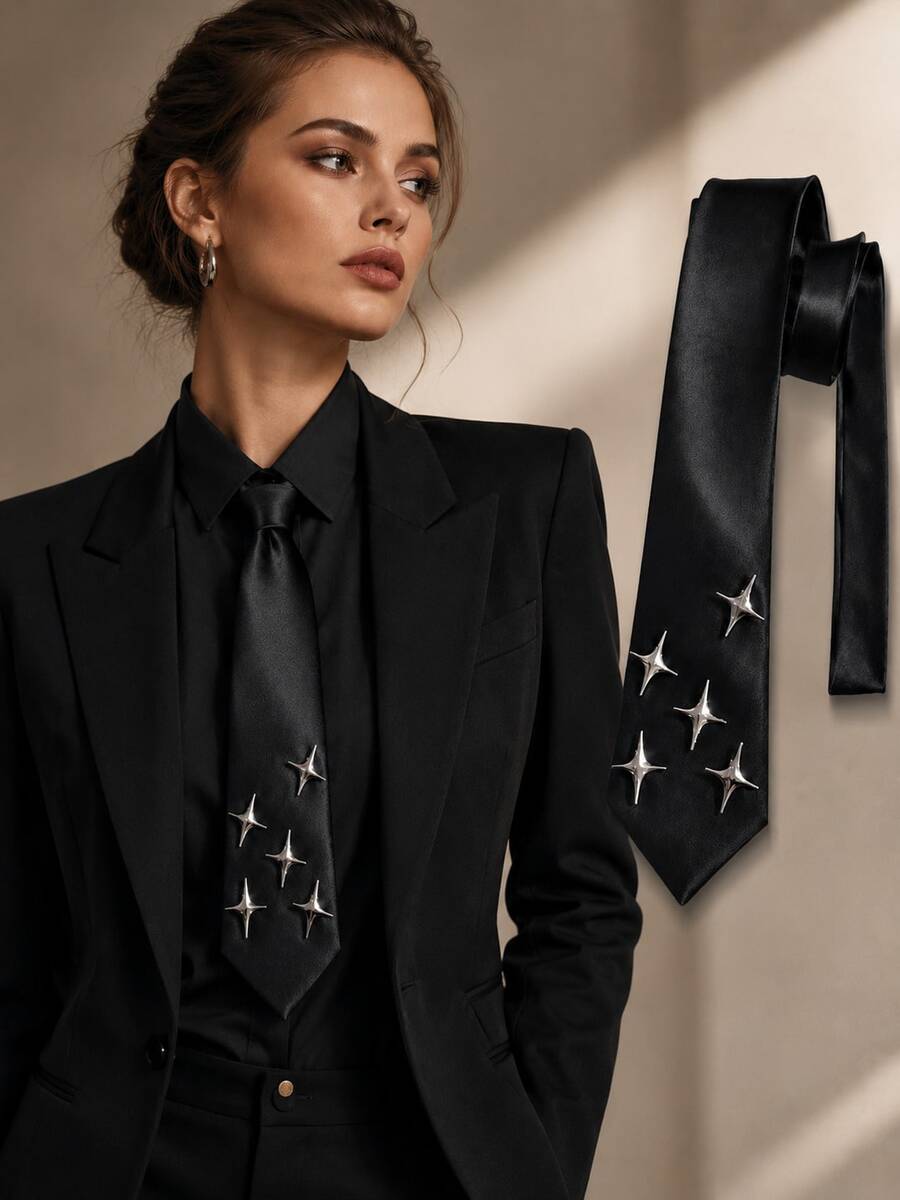 1pc Personalized Star Hand-Tied Solid Color Minimalist Versatile Black Tie - Black Star - View 1