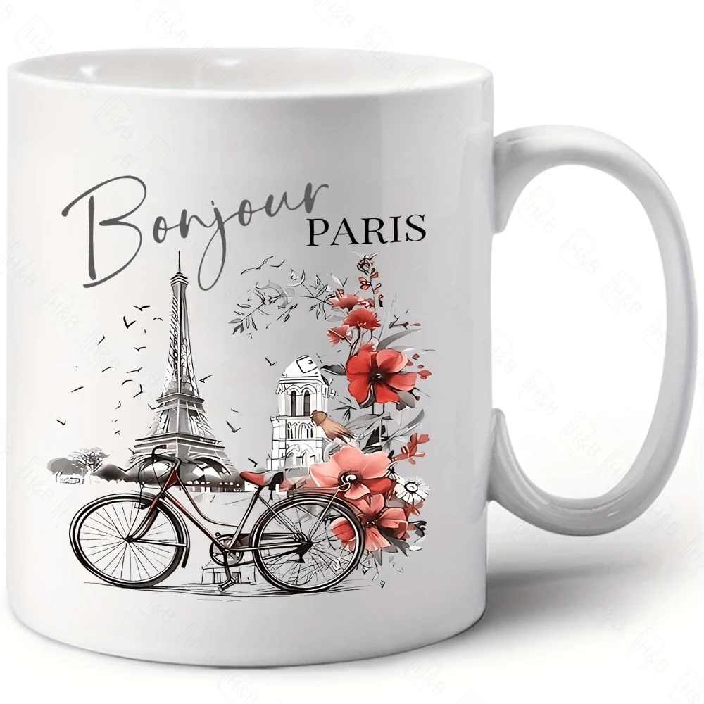 Taza de café de cerámica con estampado floral y bicicleta de la Torre Eiffel de París. Taza minimalista y estética. Regalo de cumpleaños asequible. Apta para lavavajillas. - Blanco - Ver 1