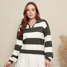 Women's Striped Modal Knit Polo Shirt With Long Sleeves - Army Green - View 1