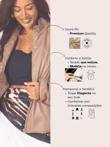 Women's Premium PU Leather Beige Bomber Jacket With Lined Pocket And Zipper - Luxury Autumn And Winter - 米色 - 查看 5