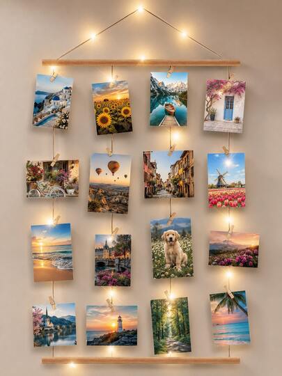 1 Set 15.8*27.6 Inch Photo Wall Frame Collage - 30/15 Clips And Adjustable Ropes Photo Board For Multiple Photos Display - Nordic Style Photo Frame Wall System - Christmas Memory Board, Holiday Home Decor, New Year Photo Collage, Instagrammable Wall Art, Winter Nordic Display (Lighting Not Included)