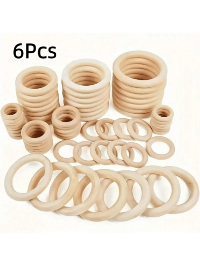 6pcs Natural Wooden Rings, Plain Color Unfinished Smooth Wooden Hoops, Suitable For DIY Crafts, Jewelry Making, Handbag Accessories, Decorative Hanging Ornaments, Bracelet Charms