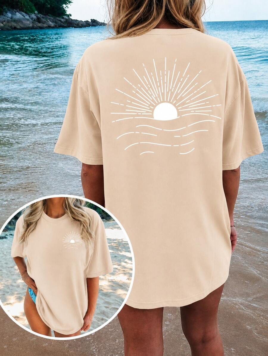 2026 Plus Size Women's Graphic T-Shirt, Casual Loose Summer Tee, Round Neck, Oversized, Soft Cotton, Everyday Wear, Cute Print, Vacation, - 杏色 2 - 查看 1