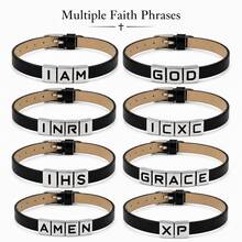 基督教字母手鍊系列，黑色可調節皮革手環附 IAM GOD INRI IHS GRACE JESUS 吊飾，信仰珠寶禮物 - 我是 - 查看 4