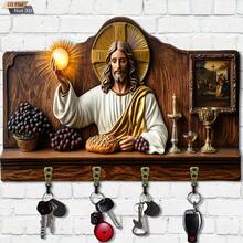 Christian Jesus Bible Wall Hanging Key Rack 2D Flat Non-3D Vintage Icon Cross Wooden Key Storage Hook Believer Home Entryway Wall Faith Decor Plaque - Jesus Bible Theme - View 7