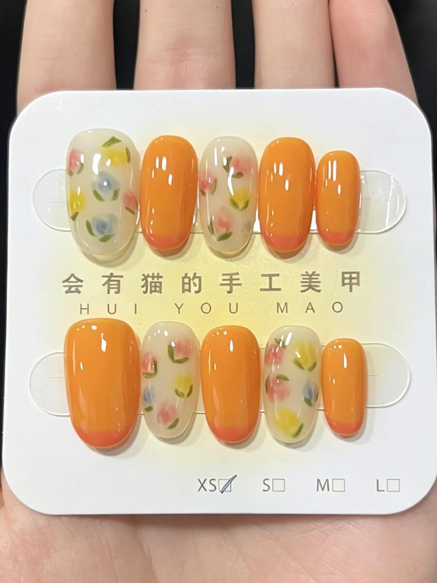 10Pcs Handmade Press On Nails Short Oval, Orange French Tip False Nails With Hand-Painted Floral Design, Reusable Glossy Fake Nails For Women Spring Wear - Multicolor - View 1