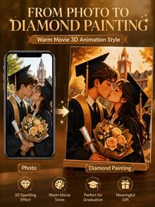 Customized Graduation Couple Photo Diamond Painting Set, Personalized 5D Diamond Art Portrait, DIY Diamond Embroidery Wall Decor, Romantic Kissing Couple Graduation Gift, Mother's Day, Friend Gift, Warm Movie 3D Animation Style - Multicolor - View 10