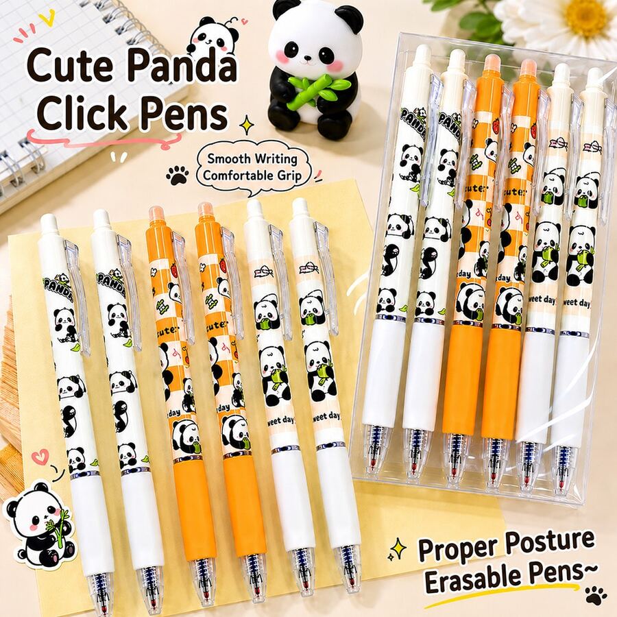 1/6pcs Panda Erasable Gel Pens,0.5Mm Blue Ink Pen Quick-Dry S With Self-Contained Rubber Eraser,Back To School Supplies - Multicolor - View 1