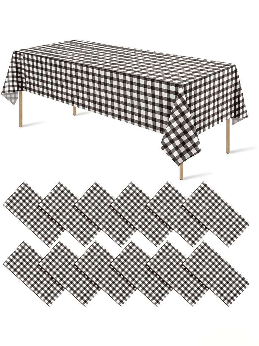 1/6/12PCS-137*274cm Black And White Plastic Checkered Tablecloth, Decorative Disposable Black Plaid Tablecloth, Suitable For Picnic, Farm, Birthday, Wedding Rectangular Table, Party Tablecloth