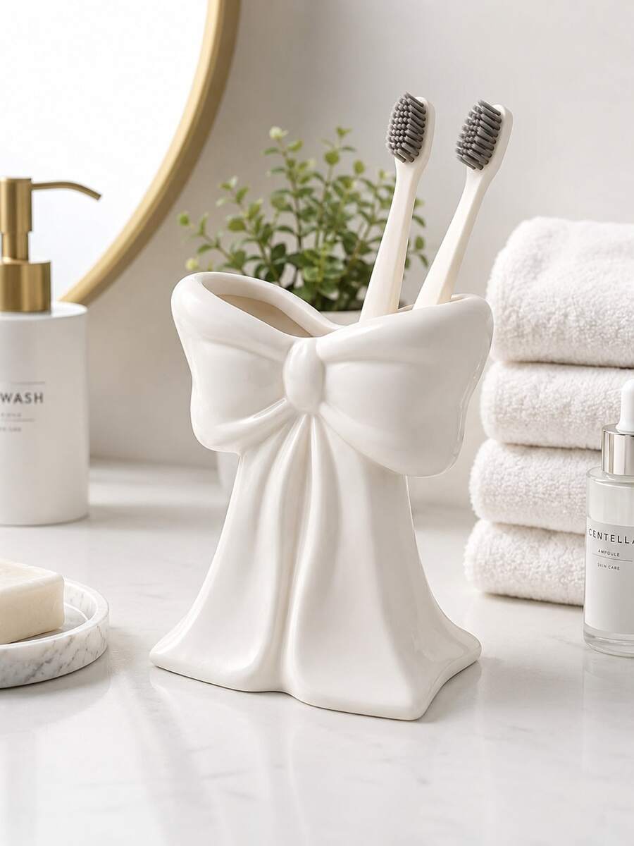 Ins Style Bowknot Design Storage Rack, 3 Colors Available, Multi-Purpose For Toothbrush/Makeup Brush/Pen, Bathroom And Vanity Decor, Gift - Multicolor - View 1