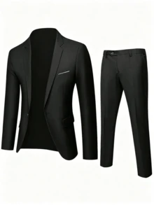 Men's 2-Piece Slim Fit Suit - 2-Button Solid Color Smart Formal Wedding Jacket Set - 黑色 - 查看 1