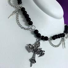 Dark Cross Choker - Choker With Embedded Pearls And A Large Cross Pendant In The Center, Goth Style. - 黑色 - 查看 5