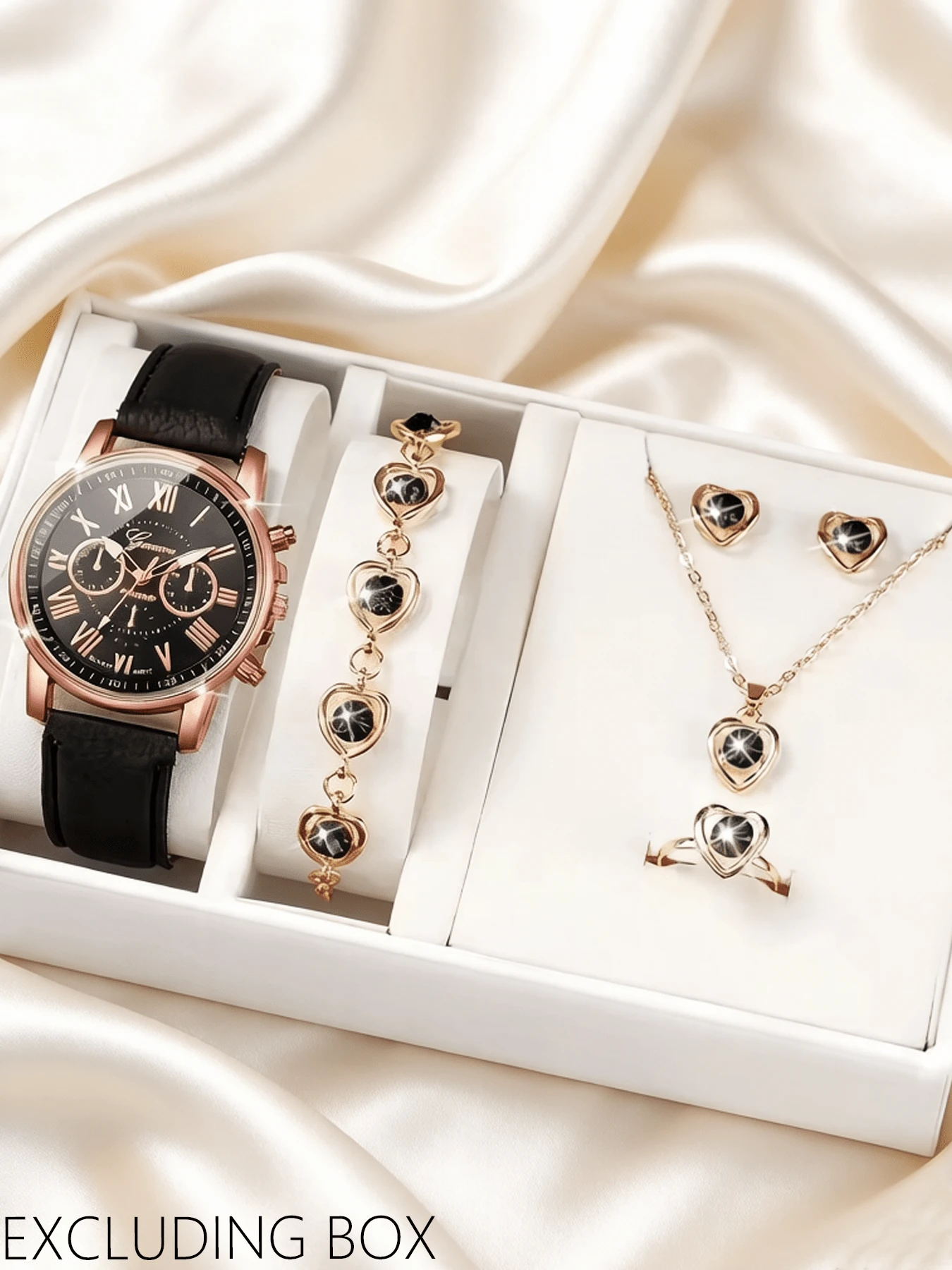 6pcs Fashion PU Leather Strap Alloy Quartz Watch Set - Black - View 1