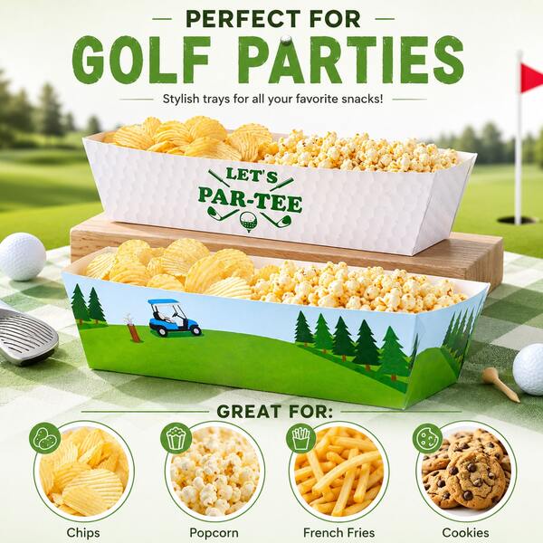 Golf Party Snack Trays, 2 Designs Disposable Food Boats, LET'S PAR-TEE Golf Theme Paper Snack Holders For Chips, Popcorn, Fries, Desserts & Party Treats
