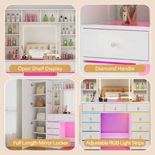60.82" Full Length Mirror Makeup Vanity Desk With Smart LED Mirror & Charging Station, Transparent Top With 11 RGB Drawers, 10 Shelves, 3 Lighting Modes & Adjustable Brightness, Vanity Woman, White - White - View 8