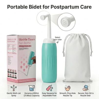 Botella de spray perineal portátil para cuidados posparto y viajes, rociador posparto de gran capacidad con boquilla retráctil de 9 orificios, tratamiento de hemorroides, camping al aire libre y cuidado del bebé, diseño a prueba de fugas de EVA con bolsa de almacenamiento impermeable