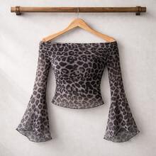 Off Shoulder Flared Long Sleeve Leopard Print Cropped Mesh Top Y2K Going Out - 黑色 - 查看 4