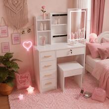 Compact LED Lighted Dressing Table Set With Storage Drawers & Side Shelves, Functional Makeup Desk With Stool, Must-Have Bedroom Furniture, Sweet Gift For Women - 白色 - 查看 9