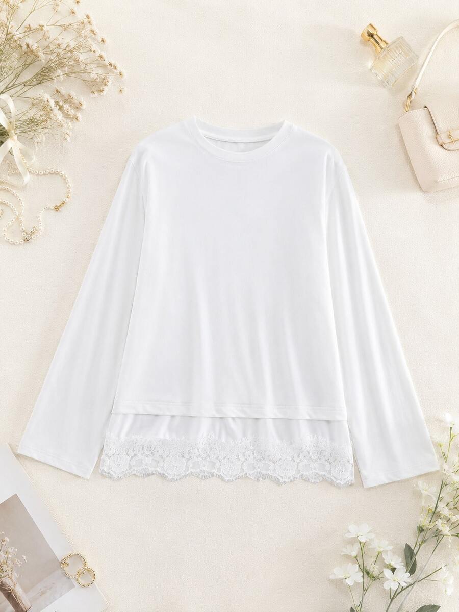 Long Sleeve T-Shirt With Contrast Lace, Solid Color, Spring/Autumn Casual White - White - View 1