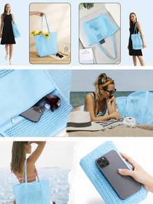 Bolso de malla, bolso de hombro plegable informal para mujer, bolso de picnic, impermeable, plegable, bolso esencial, bolso de compras multifuncional. - Albaricoque - Ver 10