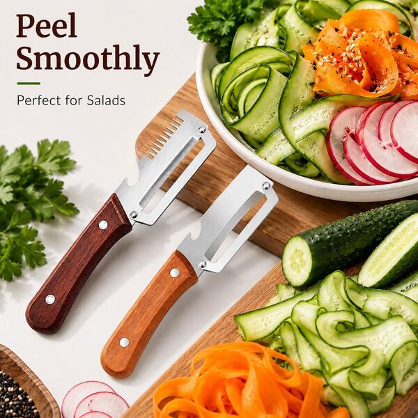 Two Pieces Heavy-Duty Stainless Steel Peeler And Slicer Set, With Wooden Handles And Straight Blade Design. Suitable For Sugarcane, Fruits, And Vegetables. A Versatile And Durable Peeling Tool And Vegetable Slicer, Ideal For Parties And Picnics.