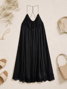 Summer Solid Color Lace Trim Cami Dress - Black - View 2