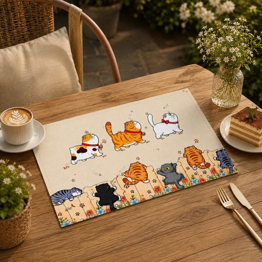 1pc Cartoon Style Linen Placemat, Breakfast Mat, Coffee Coaster, Bowl Pad, Kitchen Accessory, Easy To Clean Dining Mat, Suitable For Home, Restaurant, Dining Decor, Holiday Gift, Gift For Friends, Multi-Piece Set - Multicolor - View 1