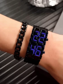 2pcs/Set Fashion New Business Men's Stainless Steel Strap LED Electronic Watch Suitable For Daily Decoration - Black - View 1