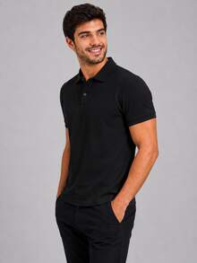 Polo Shirt In Piqué Fabric, 100% Premium Polyester, Comfortable - 黑色 - 查看 3