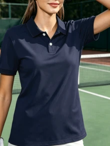 女款休閒素色翻領短袖 Polo 衫，夏季運動款 - 藏蓝色 - 查看 2