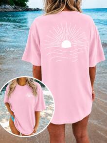 2026 Plus Size Women's Graphic T-Shirt, Casual Loose Summer Tee, Round Neck, Oversized, Soft Cotton, Everyday Wear, Cute Print, Vacation, - 粉色 - 查看 1