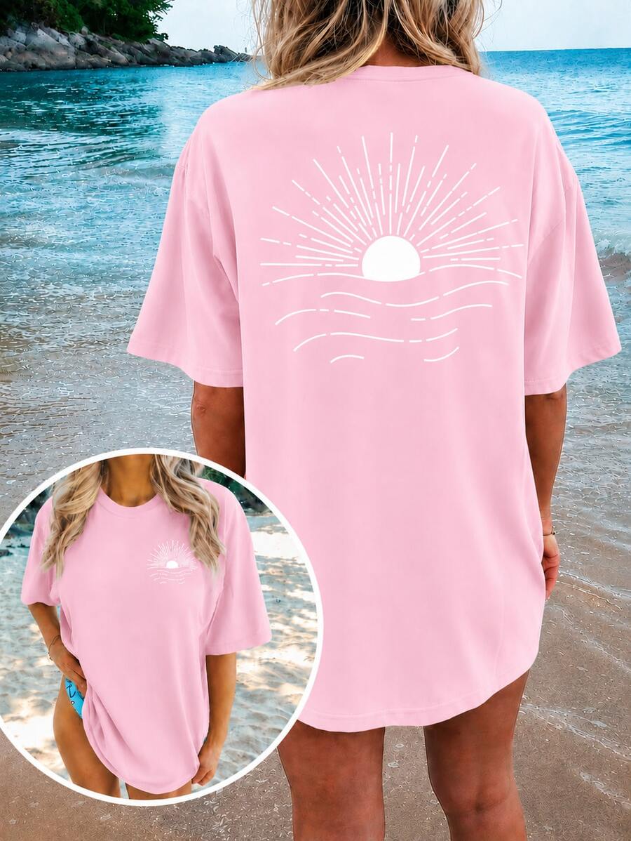 2026 Plus Size Women's Graphic T-Shirt, Casual Loose Summer Tee, Round Neck, Oversized, Soft Cotton, Everyday Wear, Cute Print, Vacation, - 粉色 - 查看 1