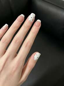 10Pcs Handmade Press On Nails Short Square, Nude & White False Nails With Black Polka Dot & French Tip Design, Reusable Glossy Fake Nails For Women - Multicolor - View 3