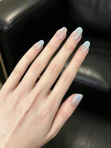 10Pcs Handmade Press On Nails Short Oval, Nude Blue Gradient Cat Eye False Nails With Star & Rhinestone Decor, Reusable Gel Glue On Nails For Women Daily Wear - Multicolor - View 4