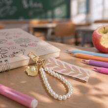 1pc Cute Pearl Keychain, Suitable For Back To School Season, Elegant Leaf Pattern Fabric Backpack Charm, Sweet Gift For Her - Baby Pink - View 4