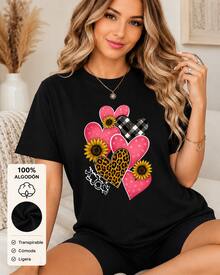 Women's T-Shirt, A Sweet Combination Of Styles: Polka Dots, Leopard Print, Plaid, Hearts, And Sunflowers. A  Plus-Size Casual T-Shirt With A Round Neck, Perfect For Spring And Summer. Creative Style, Comfortable For Everyday Wear And Outings. - 黑色 - 查看 2