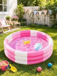 1pc Round Striped Inflatable Pool, Portable Inflatable Swimming Pool, Suitable For Summer Parties, Backyard Games, Garden, Indoor And Outdoor Use, Durable Thickened PVC Family Water Play Pool - Multicolor - View 2