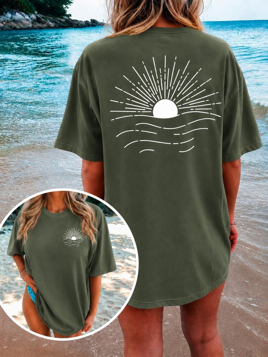 2026 Plus Size Women's Graphic T-Shirt, Casual Loose Summer Tee, Round Neck, Oversized, Soft Cotton, Everyday Wear, Cute Print, Vacation, - 軍綠色 - 查看 1